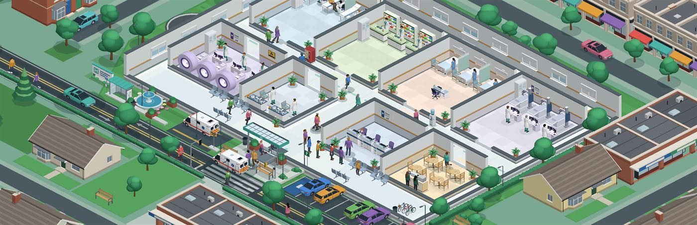 Mercy General from above: a busy hospital with scanners, a ward, a waiting room, a café and an ambulance at the doors